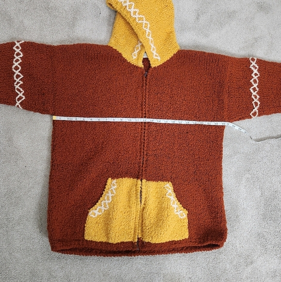Hand Knit Chunky Hooded Wool Zip Jacket Size L Cozycore Brown Yellow Cozy Knit - Picture 6 of 12